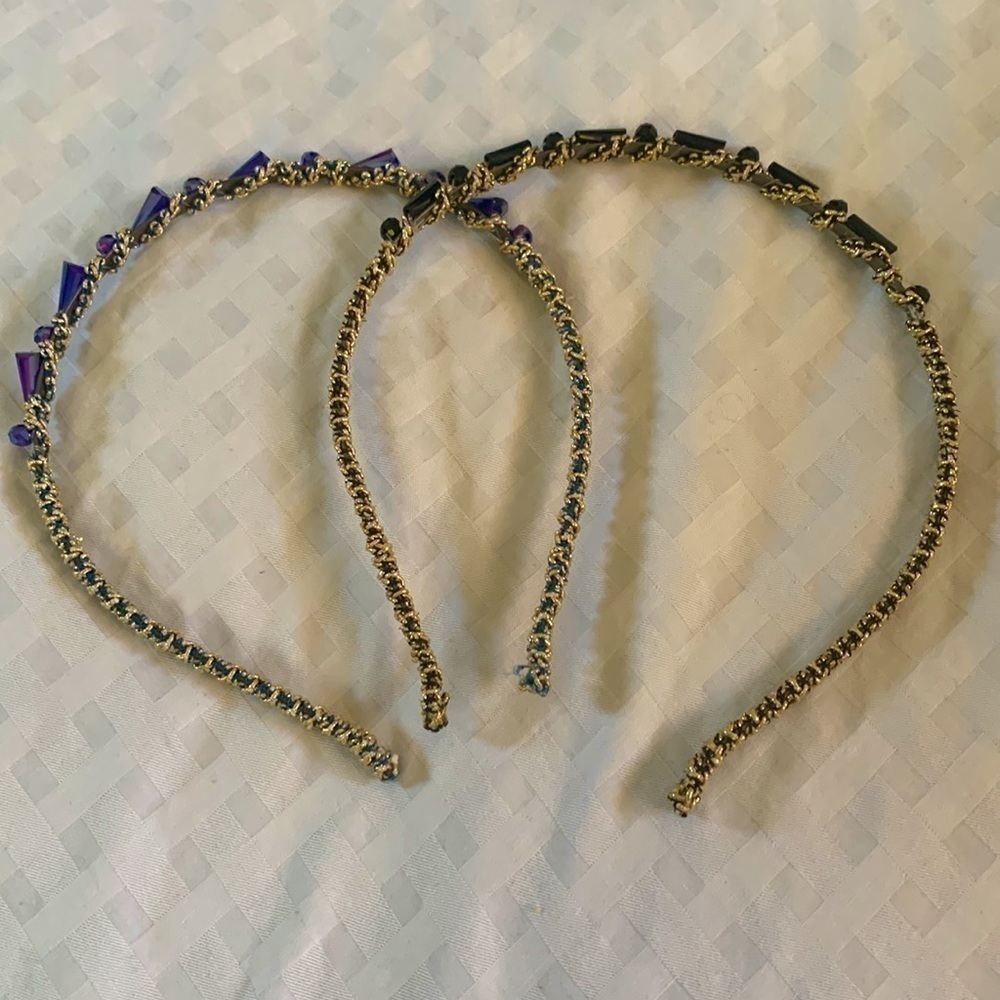 Jeweled Metallic Headbands One Blue & Gold and One Black & Gold